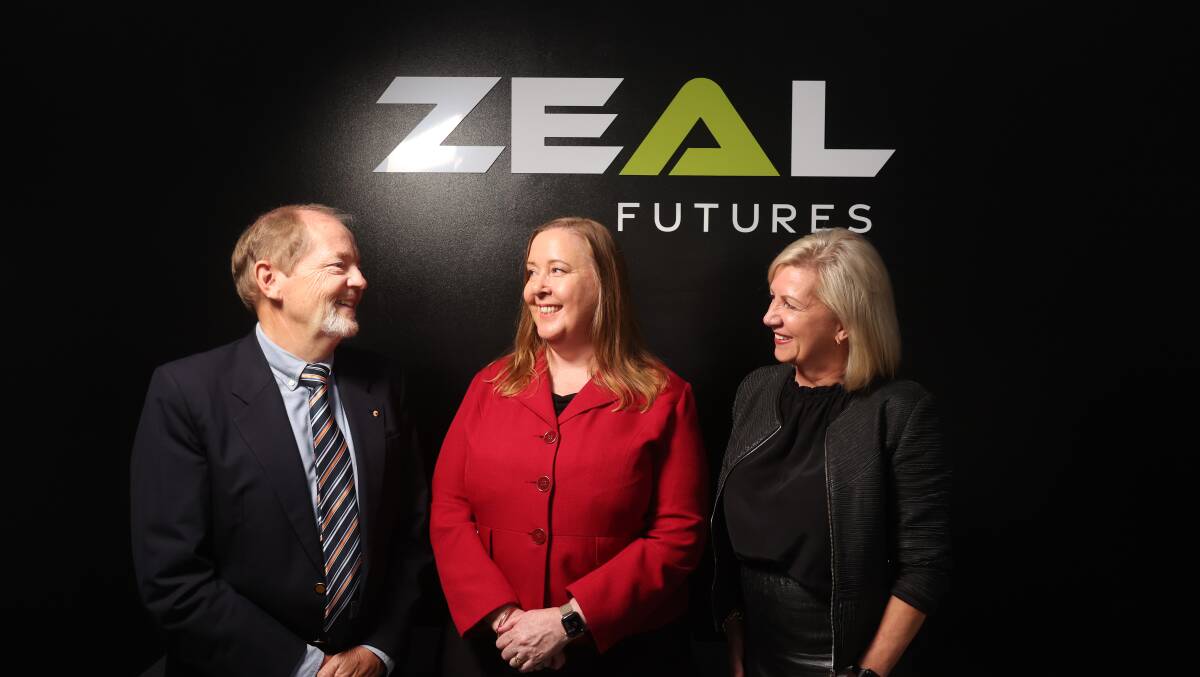 Zeal Futures chairman Robert Cameron AO with CEO Sharon Smith (right) and member for Maitland Jenny Aitchison (middle), who attended Zeal's rebrand announcement to show her support. Picture by Simone De Peak