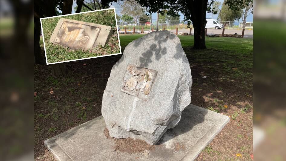 The Lone Pine memorial (inset) and National Servicemen's memorial plaques have been stolen. Pictures by Chloe Coleman