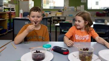 Largs Public School students Charlie Reilly (left) and Sarah Dennis (right) enjoy cultural food tastings for Harmony Day. Picture by Jonathan Carroll
