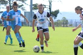 Bronte Peel in action against Mid Coast earlier this season. She continued her goal scoring form with a brace in the Women's League Cup semi-final. Picture by Ben Carr