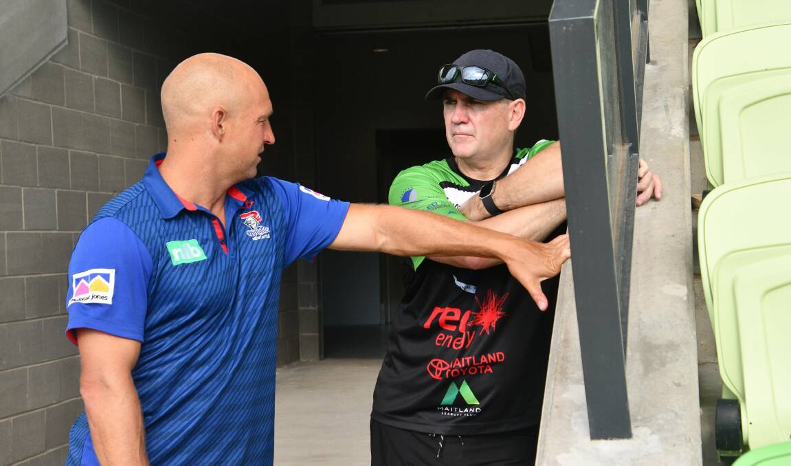 Encouraged: Maitland Pickers president Frank Lawler with Newcastle Knights coach Nathan Brown at the new Maitland Sportsground. Picture: Michael Hartshorn