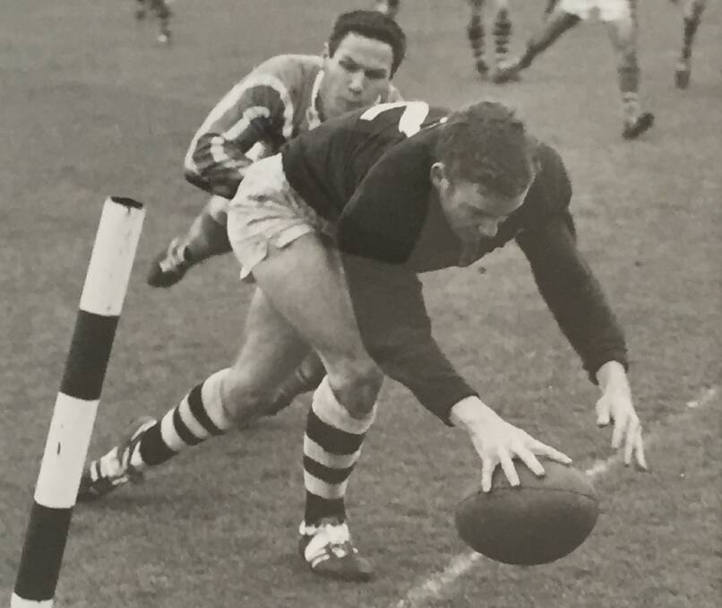VALE: Former Maitland Pickers premiership hero Michael McTernan scores one of his three tries against Lakes United in the 1971 grand final.