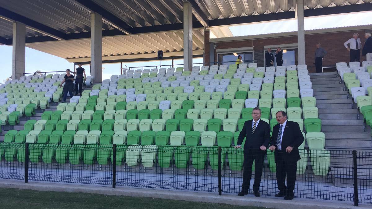 Maitland Sportsground. NSW Planning Minister Anthony Roberts and Maitland Mayor Cr Peter Blackmore at the official opening.
