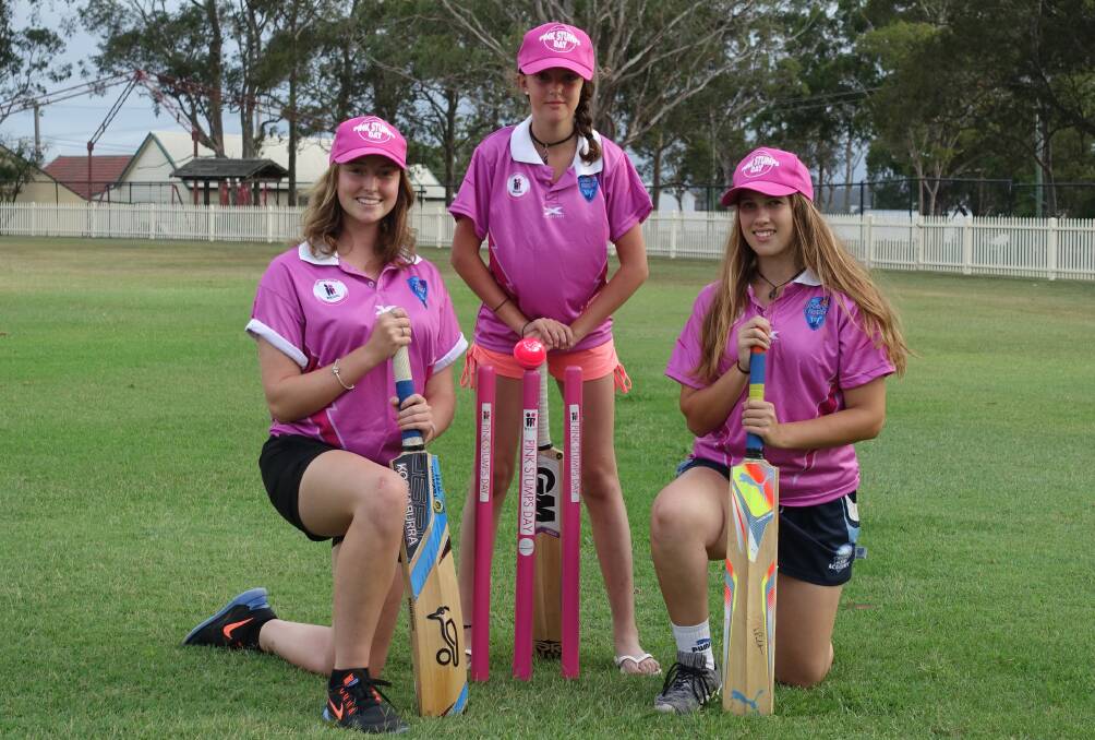 HUNTER REPS: Jasmine Good (left) and Cassidy Baker (right) are part of the Hunter zone team at the Combined High School championships. They are pictured promoting the recent Pink Stumps Women's Twenty20 with Cassidy's sister Jordan.