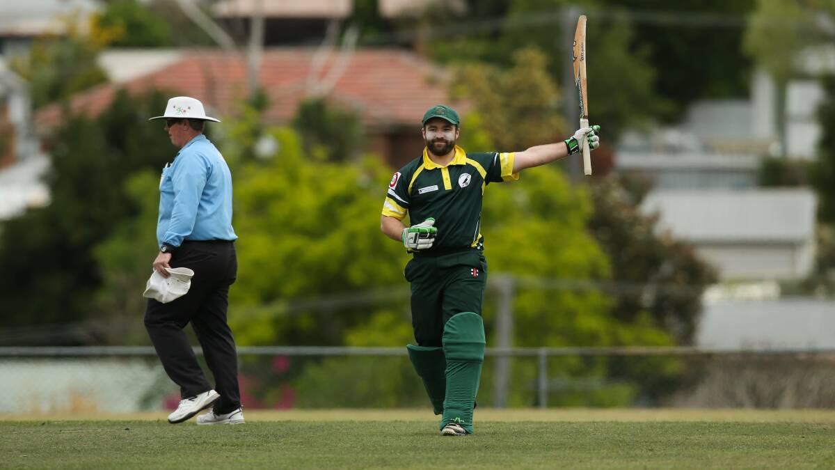 WHAT A BLAST: Aaron Mahony celebrates his opening round century for Western Sububs. Picture: Max Mason-Hubers