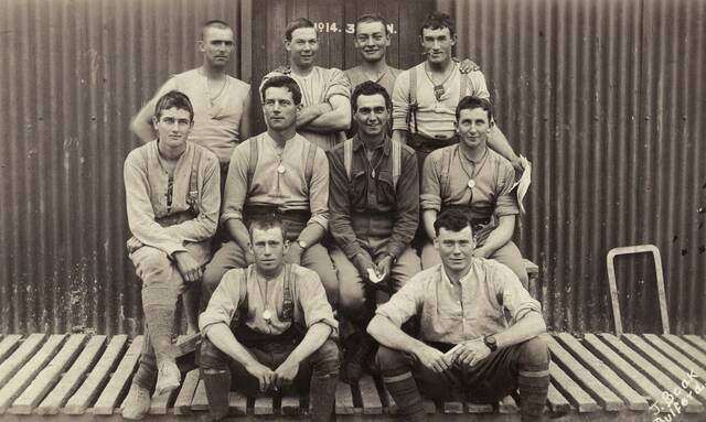 VALE: Private Robert Atkinson (bottom left) and Maitland's Own football teammates. Atkinson was killed in action in 1917.