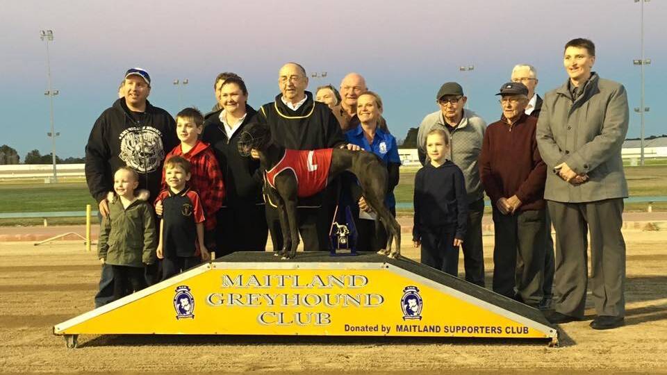 WINTER WINNER: Greta GBOTA branch members present the Winter Sprint Series Final trophy to trainer Glenn Smith and Spendiferous at Maitland on Thursday afternoon.