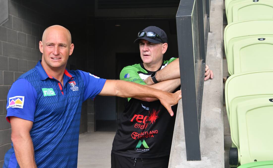 Newcastle coach Nathan Brown with Maitland Pickers president Frank Lawler at the Maitland Sportsground.