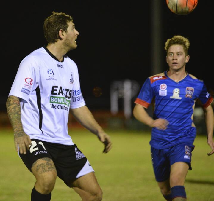 STRONG: Striker Ben Martin got the Maitland Magpies on the board with a powerful finish from a clever pass from Matt Comeford. Picture: MICHAEL HARTSHORN