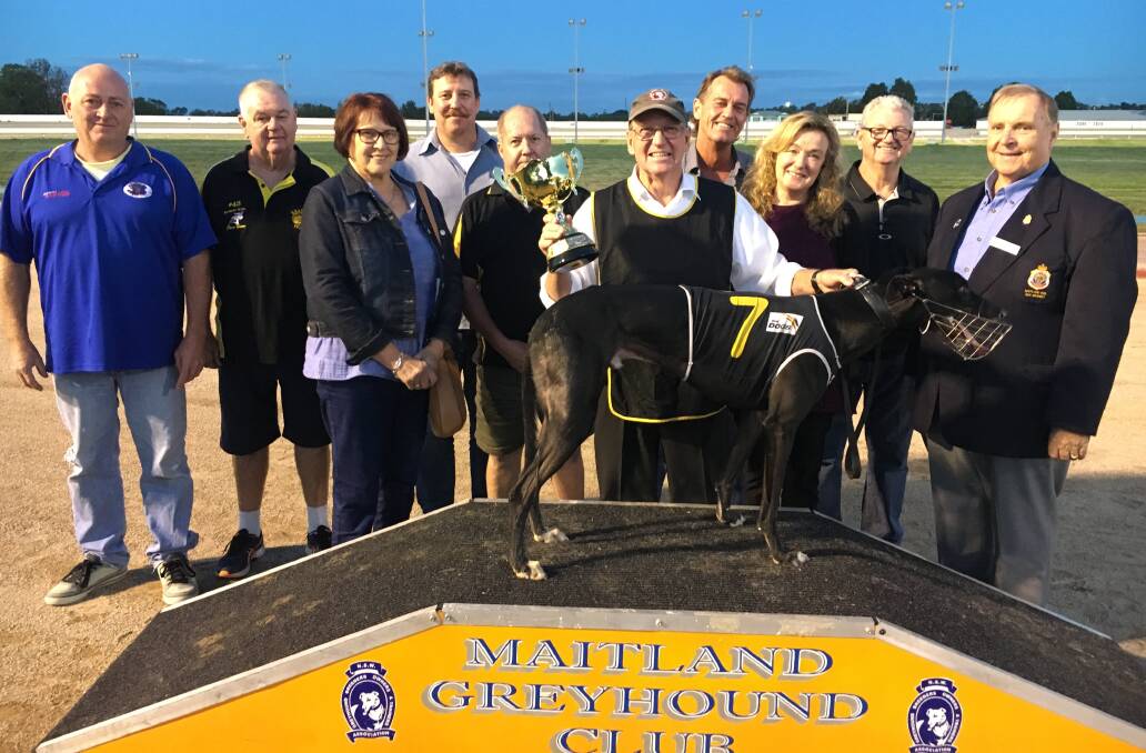 WINNER: Maitland RSL Sub-Branch treasurer Henry Meskauskas (far right) and his wife Carolina (third from left) with Maitland Greyhound Club’s Anzac Day Cup winner Black Jack Opal and trainer Les Hudson. Also pictured are representatives of the Country Hotels Challenge from the Commercial Hotel Morpeth, Kearsley Hotel and Tattersalls Hotel Greta.