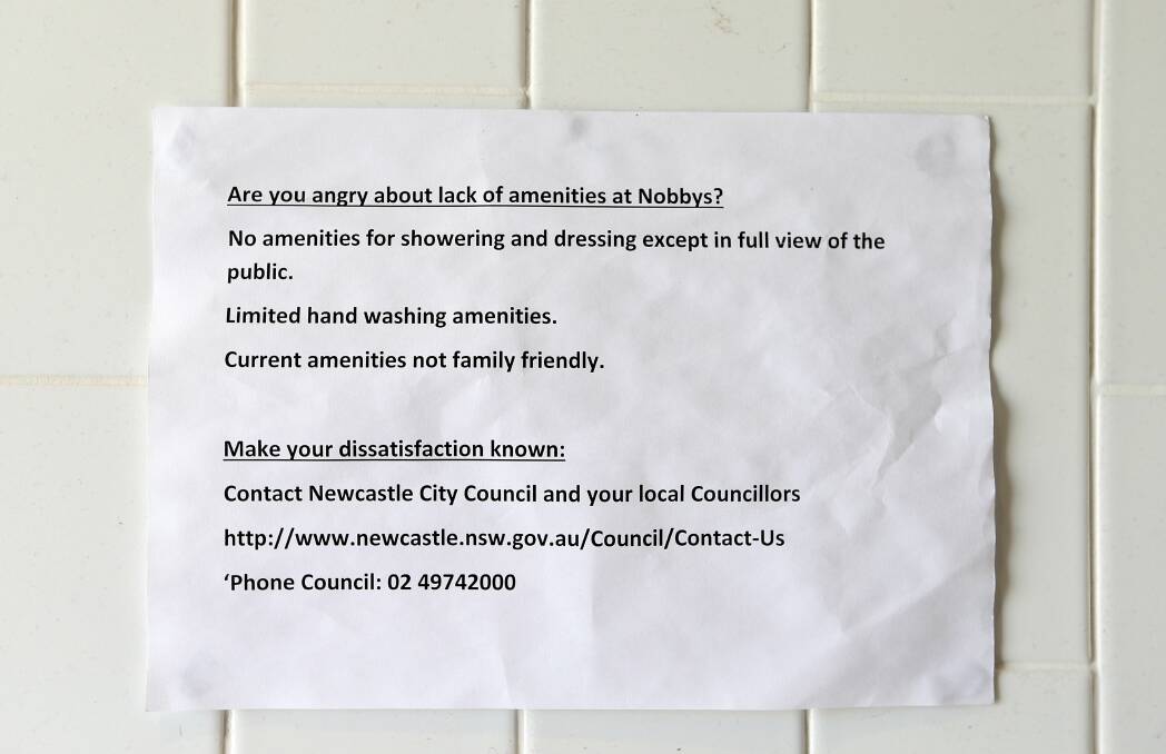 UNHAPPY CAMPER: Notice posted at Nobbys by Telarah man Peter Wickham, encouraging people to complain to Newcastle council. Picture: Marina Neil