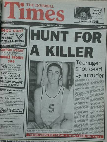 Manhunt: The front page of The Inverell Times as police searched for the intruder that murdered Billy in the wake of his death.