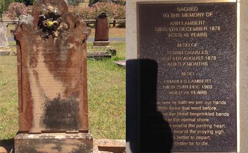 OLD AND NEW: The left-hand image shows the weather-scarred headstone and, right, the new plaque that has appeared.