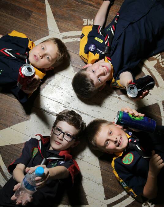 RECYCLERS: Lars Threlfo, Daniel Fletcher, James Williams and Jonah Fletcher with empty drink containers at East Maitland Scout Hall. Picture: MAX MASON-HUBERS