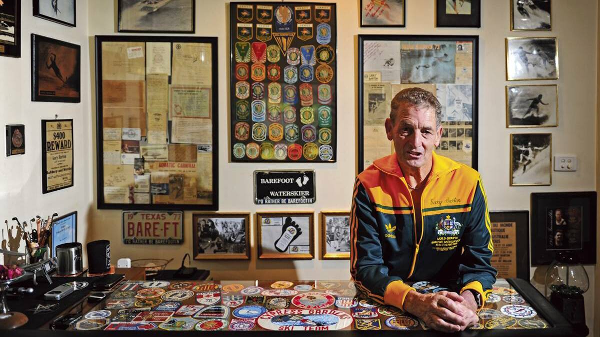 HALL OF FAME: Former Maitland Sportsperson of the Year Garry Barton with some of the memorabilia from his barefoot water skiing days.