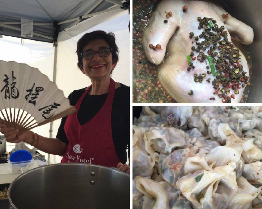 DELICIOUS: Chef Amorelle Dempster (left), a Little Hill Farm chicken in the pot with peppercorns (above) and duck wontons (below). 