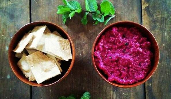 DELICIOUS: Roast beetroot and walnut dip served with homemade crackers that were made using wholewheat flour from the mystery bag. 