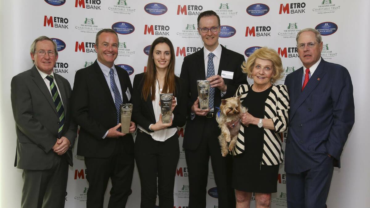AWARD: Professor Steve Dean, Professor Paul McGreevy, Harriet Davenport, Professor Oliver Garden, and Shirley and Vernon Hill with Sir Duffield the dog.