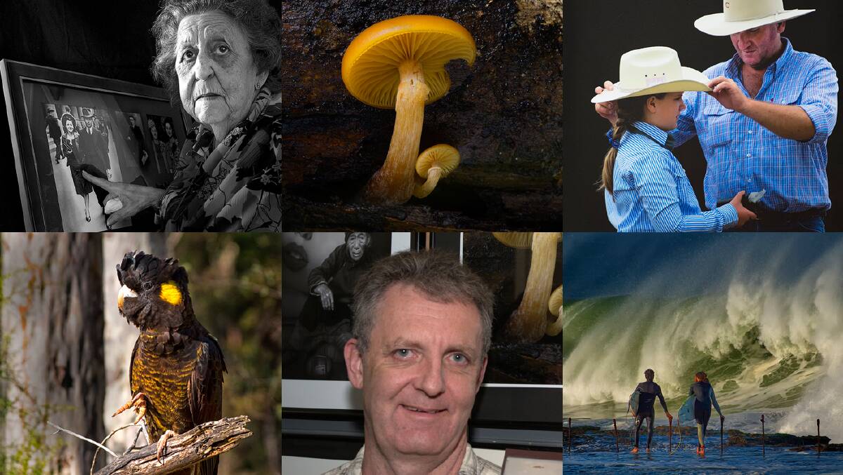 SUCCESS: Photographer Brad Le Brocque, the Maitland Camera Club president, centre, with some of his works including Little Perfect, which captures two tiny mushrooms.