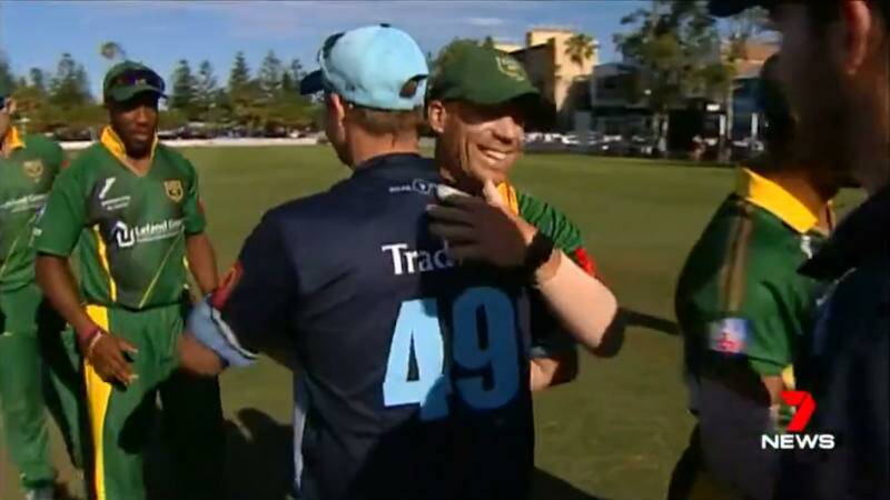 Screen grab: Steve Smith (number 49) and David Warner, hug after Round 5 of the NSW Premier First Grade Cricket.