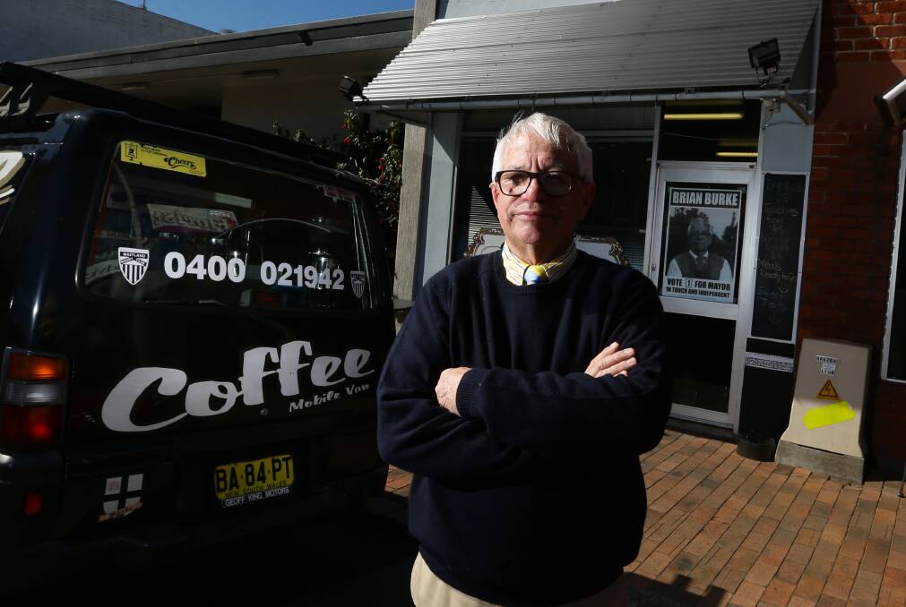 Mayoral candidate Brian Burke next to his coffee van and coffee shop. Picture: Jonathan Carroll