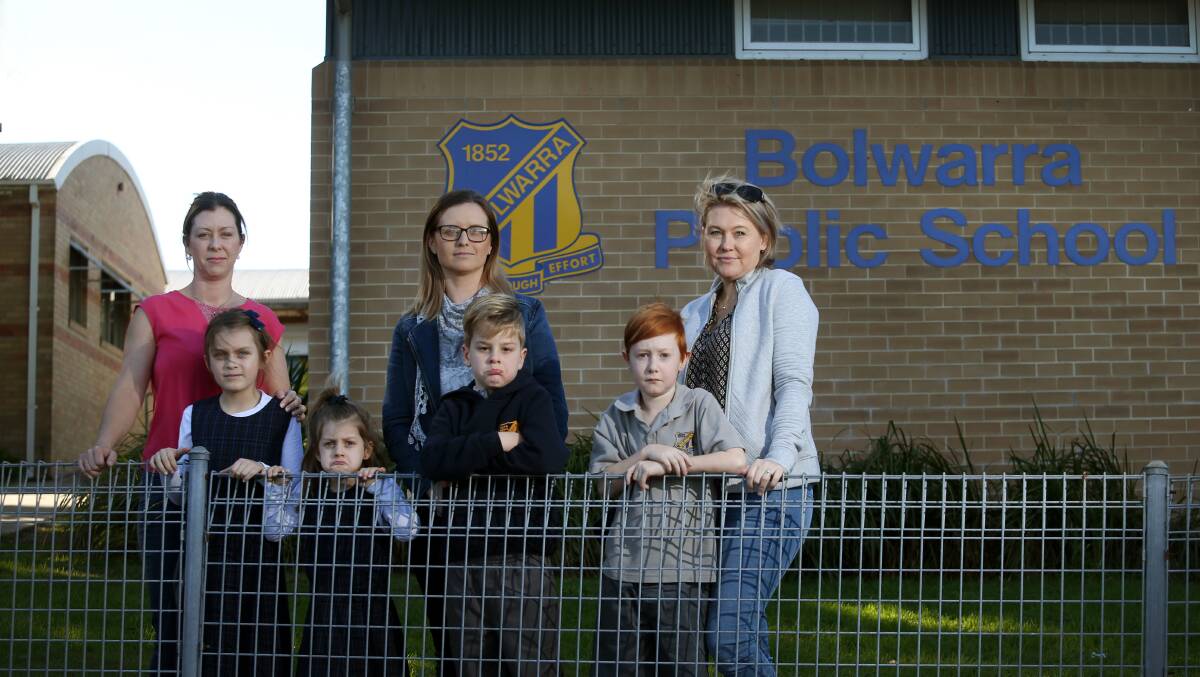 FUNDRAISING: Lauren Carlson with Josie and Matilda, Megan Courtney with Lucas and Mellisa Nisbet with Jack at Bolwarra Public School in July. Picture: Marina Neil