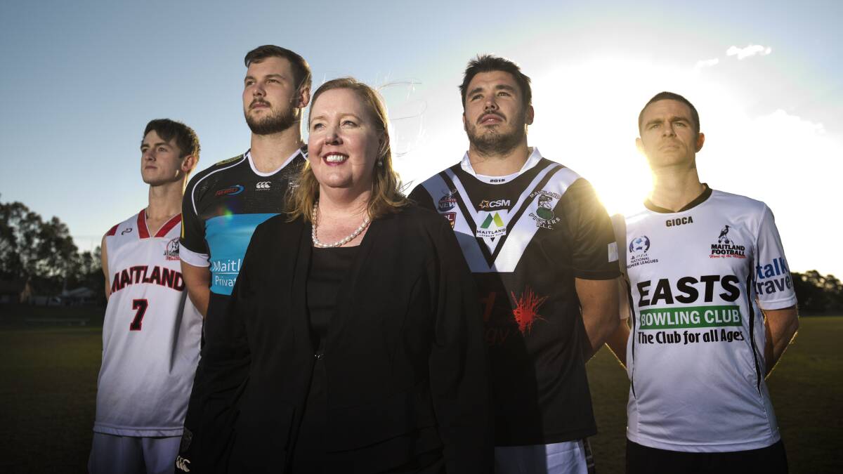 UNITED: Jack Edwards (Mustangs), Michael Howell (Blacks), Maitland MP and shadow minister for domestic violence prevention Jenny Aitchison, Jacob Sinclair (Pickers) and Matt Thomson (Magpies). Picture: PERRY DUFFIN