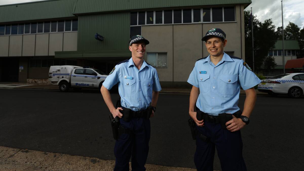 KEEN: New probationary constables Cody Preston and Mitchell Ward outside Maitland Police Station. Picture: JONATHAN CARROLL