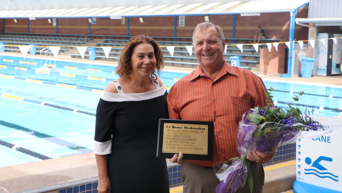 PRETTY FLY: Cr Henry Meskauskas, pictured with Mayor Loretta Baker, was honoured after having a lane named after him at Maitland Aquatic Centre. 
