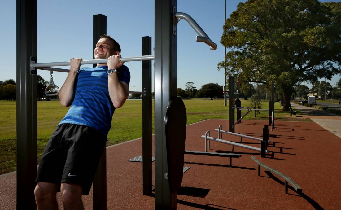 WORKOUT: Cr Ben Whiting with some of the new gym equipment at Maitland Park: PICTURE: Simone De Peak.