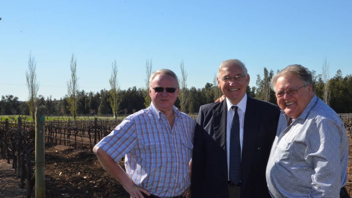 GRAPE EXPECTATIONS: George Souris (centre) with respected Hunter Valley vignerons Bruce Tyrrell (left) and Brian McGuigan.
