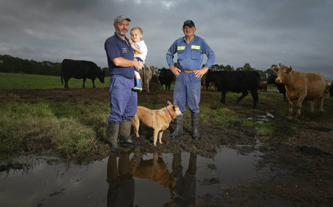 LIFE SAVING: Selby Green (right) on his Millers Forest property with son Neale Green, baby Angus, 2, and farm dog Sal. Picture: MARINA NEIL
