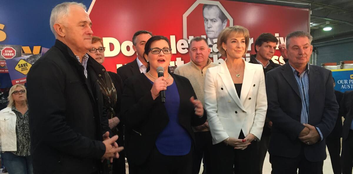 DRIVING FORCE: Brittney Bayliss speaking at the rally with Malcolm Turnbull, Michaelia Cash and Russell Matheson, Federal Member for Macarthur.