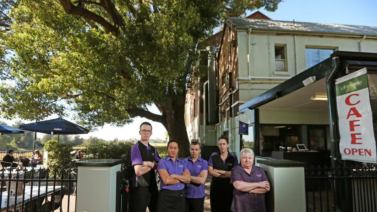 Farewell: The staff at Lavenders Riverside Cafe ahead of the historic camphor laurel tree being cut down on Monday. 