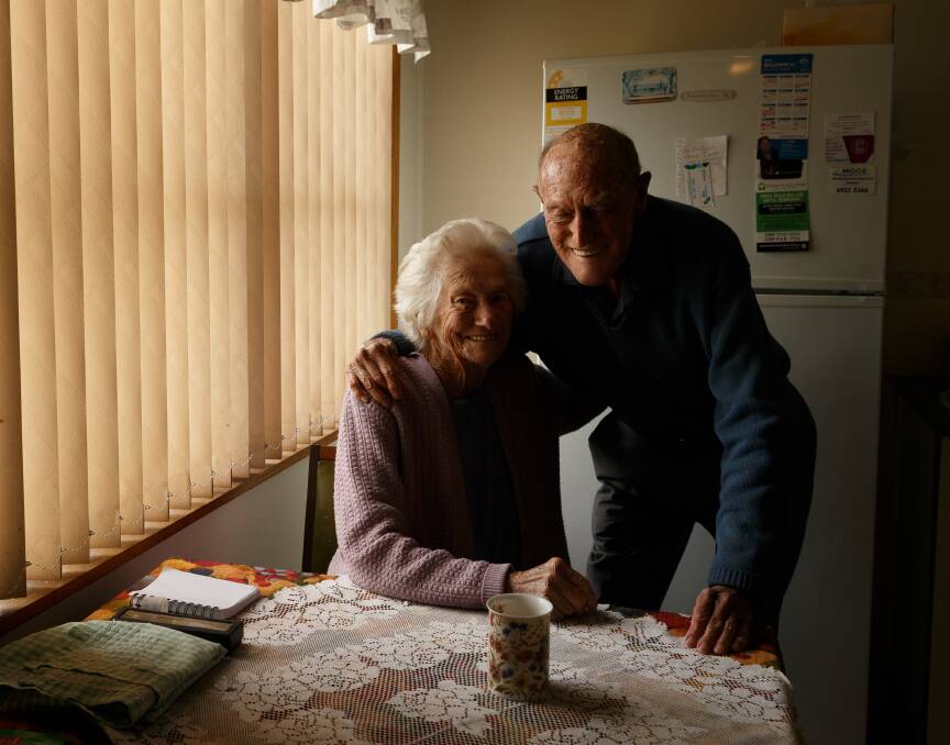 A day to remember: WWII veteran John Fenwick and wife Muriel met when she was working at a munitions factory in Adelaide during the war. They'll celebrate their 74th anniversary next week. Picture: Max Mason-Hubers. 