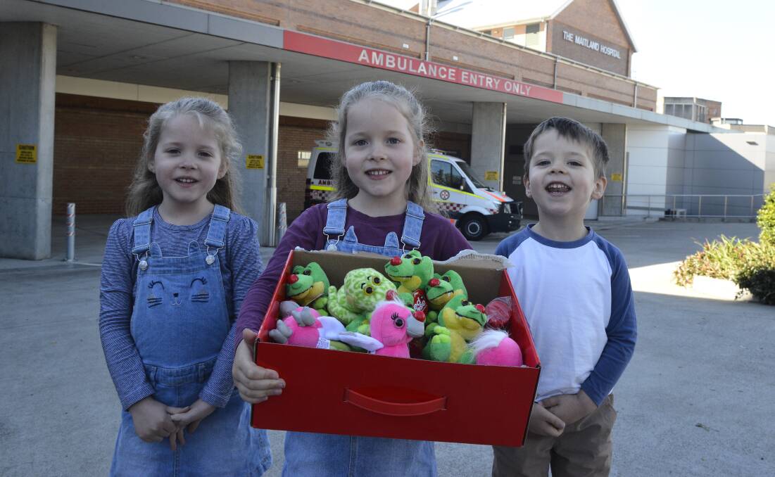 Kind kids: Isabella, Lillian and Kayden Skinner with some of the toys to be donated to Maitland Hospital's children's ward. Picture: Lachlan Leeming. 