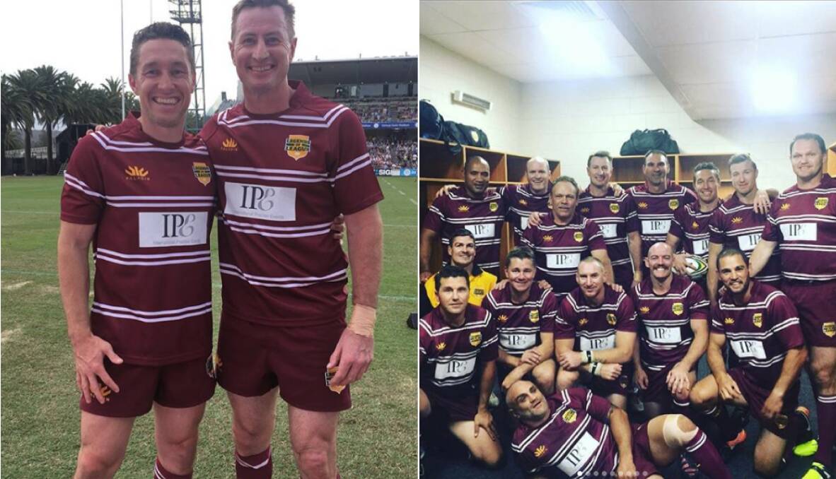Throwback: Maitland's Luke Dorn with former Manly teammate Steve 'Beaver' Menzies, and (right) with the rest of the team. Pictures: Luke Dorn