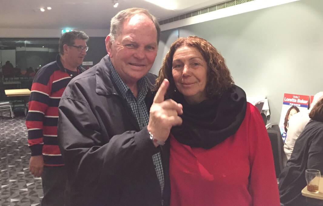Retiring mayor Peter Blackmore with Labor's mayoral candidate Loretta Baker on Saturday night. 