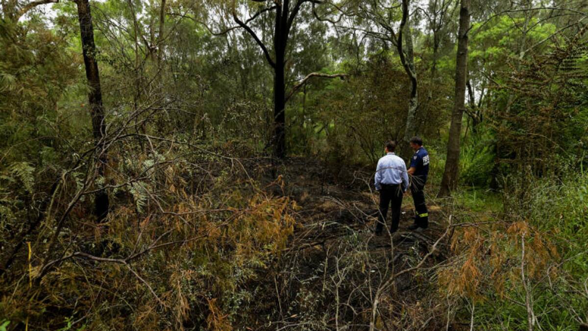 INVESTIGATION: Detectives and fire investigators survey burnt out bushland near Kurri Kurri on Thursday. Picture: Jonathon Carroll.