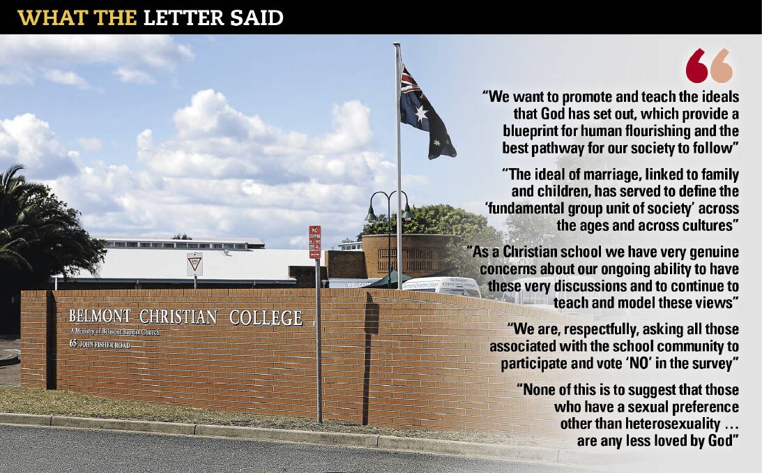 Correspondence: Belmont Christian College sent the three-page letter to its school families on September 11, saying the views expressed were not expected “to come as any surprise”. Picture: Marina Neil