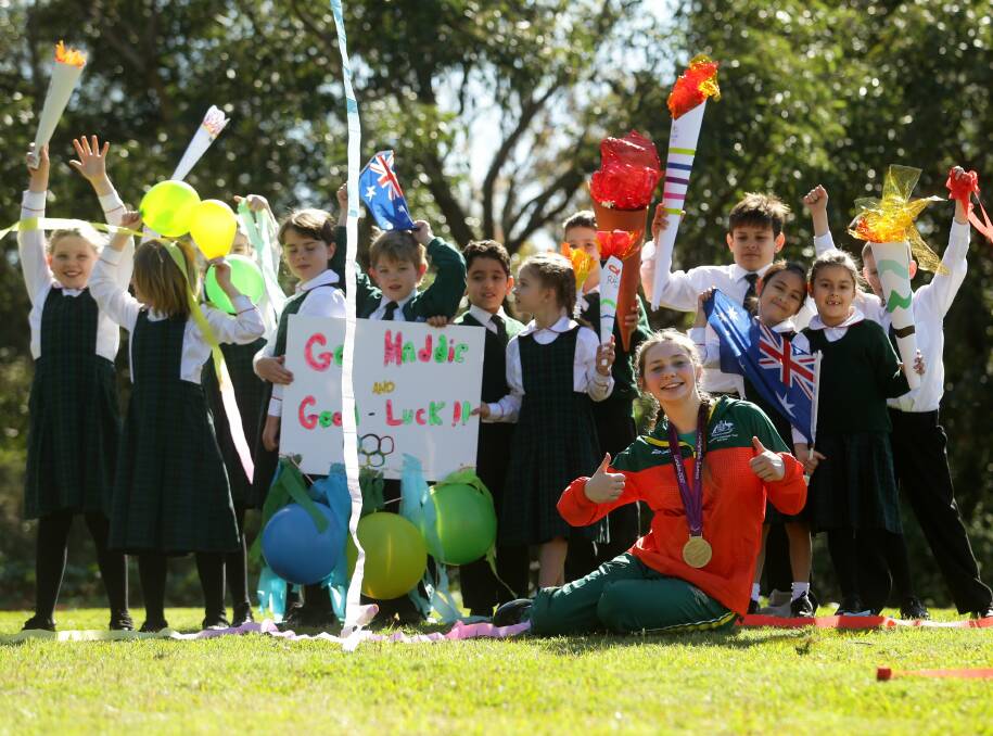 FAREWELL: Gillieston Heights swimmer Maddi Elliott sent off in style to her second Paralympics by school mates at Bishop Tyrrell Anglican College. Picture: Jonathan Carroll.