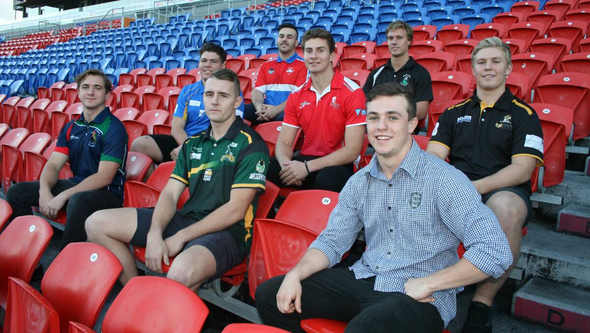 FUTURE: Zac Hudson (Western Suburbs), Jake Waters (Macquarie) and Cody Bryant (Central Newcastle) in front row. Kai Dawkings (Lakes), Jackson Myers (South Newcastle) and Joe Bromage (Cessnock) in middle row. Reid Alchin (Kurri Kurri) and Reeve Howard (Maitland) in back row. The under-19 players gathered at McDonald Jones Stadium ahead of inaugural Newcastle Rugby League "futures round". Picture: Josh Callinan