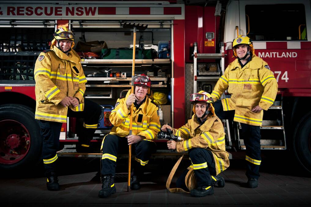 STANDING READY: Maitland firies Patrick Levesque, Paul Casey, Darren Lancaster and Nathan Crotty are urging the community to be prepared for bushfire season after a damp Winter. Picture: Perry Duffin
