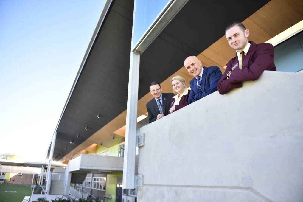 COMPLETE: Scot MacDonald, Melissa Travis, Adrian Picoli and Liam Faustini in the completed K-Block at Rutherford Technology High School. Picture: PERRY DUFFIN