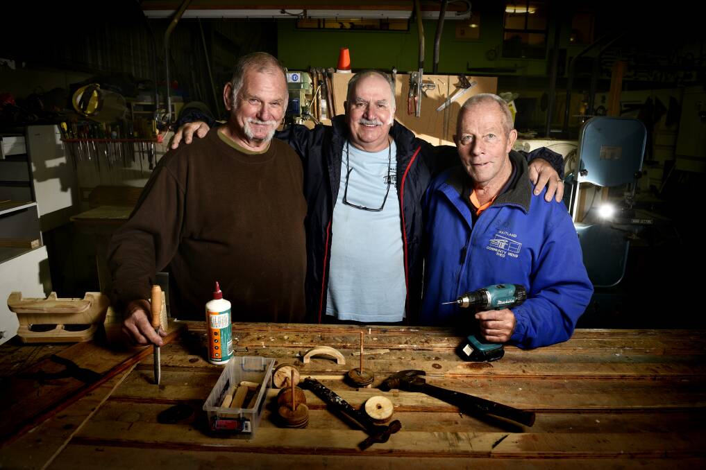 MATESHIP: Ted Borridaile, Maurie Price and Barry Siddens at the men's shed. The outgoing Mr Price urged other men to sign up. Picture: PERRY DUFFIN