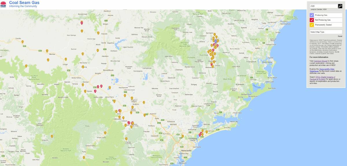 Gas wells in the Hunter region. Source: resourcesandenergy.nsw.gov.au