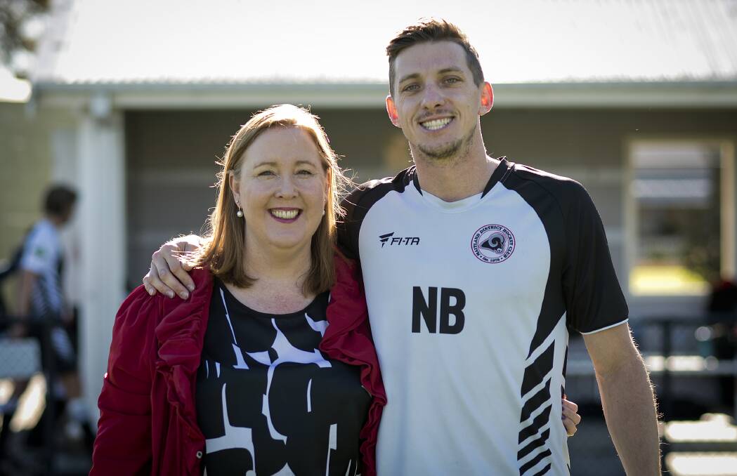 UNITED: Maitland MP Jenny Aitchison and Olympian/Ram Simon Orchard at Maitland Hockey Centre ahead of the anti-domestic violence game. Picture: Perry Duffin