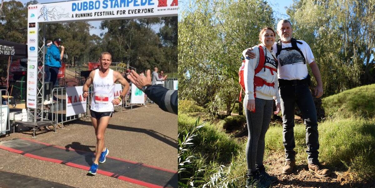 DEDICATED: Stuart Browne (left) crosses the finish line of the Dubbo Stampede while Meg and Scott Connelly (right) took on the Kokoda Track. Both Stuart and the Connellys endured in support of Legacy week. 