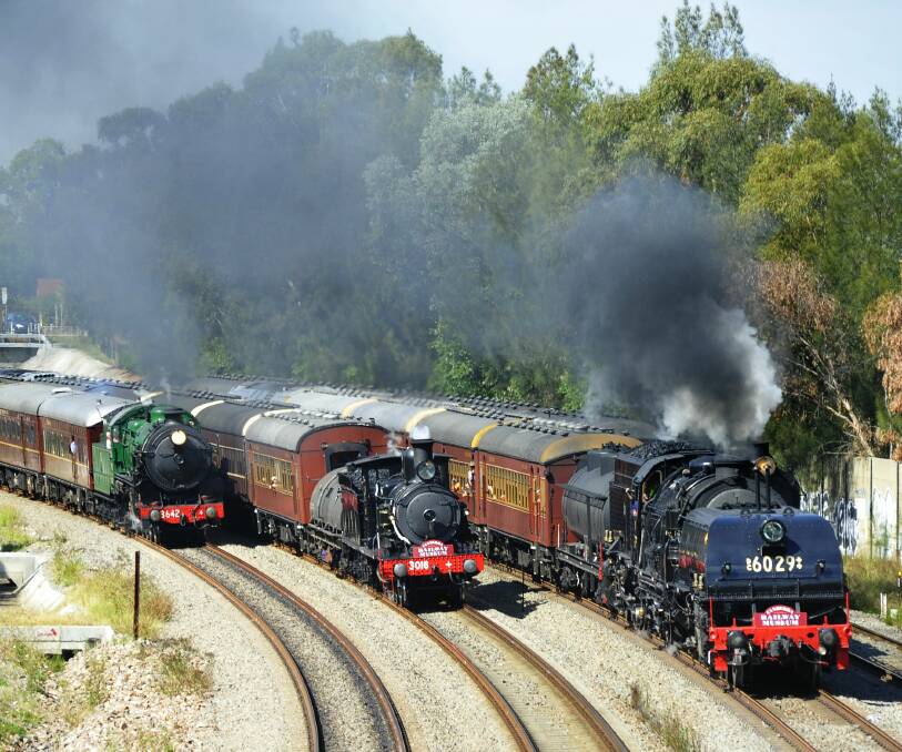THE RACE: Locomotives 3642, 3016, 6029 and 5917 (obscured) round the bend approaching East Maitland Station for the Great Train Race.  PICTURE: Perry Duffin