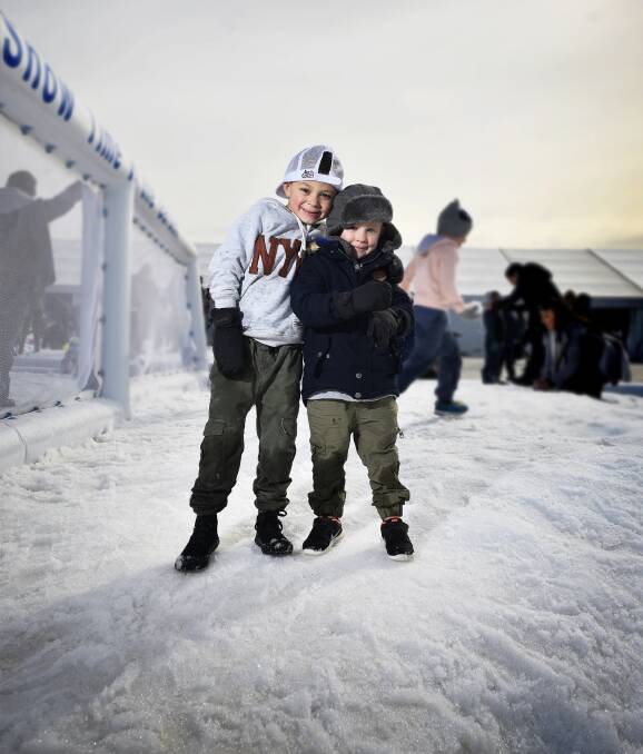 COLD SHOULDER: Merrick and Braxton Burgess take time out of their snowball fight at the Hunter Valley Gardens' man-made snowfield to pose for a photo. Picture: PERRY DUFFIN